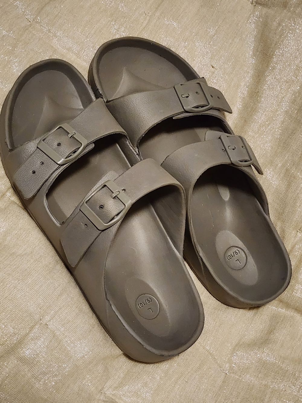 Double-Buckle Slide Sandals in Gray